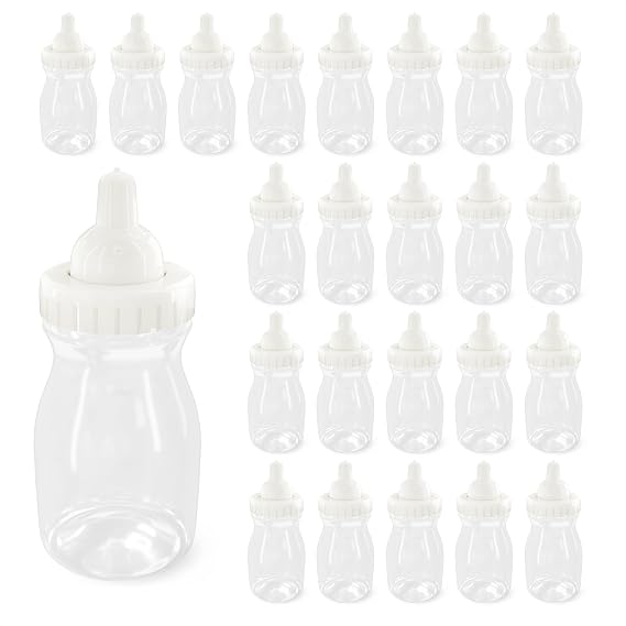 Bottles for Shower - 24 Pcs Clear Plastic Mini Bottles for Fun Bottle Chug Game, Easy to Fill with Candies, Marshmallows & Dragees - Cute Party Favors & Gifts for Expecting Parents