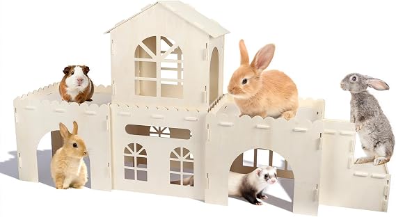 Extra Large Wooden Rabbit Castle | 5-in-1 Luxury Bunny House & Hideout with Stairs | Detachable Indoor Playhouse for Rabbits, Guinea Pigs, Chinchillas, Hamsters | Easy Assemble Pet Habitat