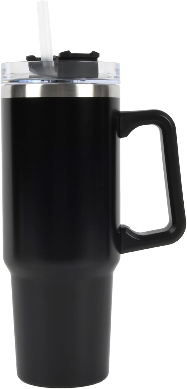 Envie 30 oz Tumbler Mug with Lid and Straw, Reusable Insulated Mug with Handle, Stainless Steel Tumbler for Iced & Hot Beverages, Black
