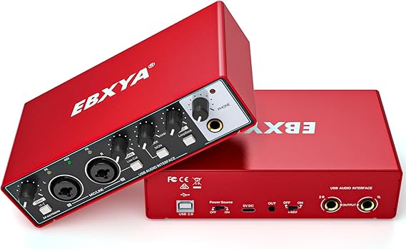 USB Audio Interface for PC,Computer Audio Interface for Recording Music 24Bit/196kHz, Portable Interfaz de Audio Mixer for Studio, Beginner Friendly Guitar Audio Interface (Audio Interface-Red) | 48V Phantom Power, for PC and Mac, Studio, Guitar, Podcast, Streaming(Metallic Red)