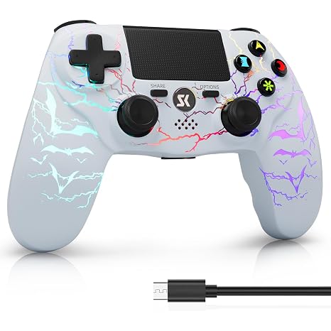 ISHAKO Controller for PS4, RGB Light, 1000mah Battery-White Bat