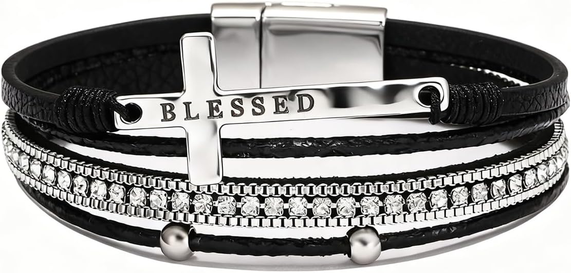 Leather Wrap Bracelets for Women, Boho Leopard Multi-Layer Crystal Beads Cuff Jewelry