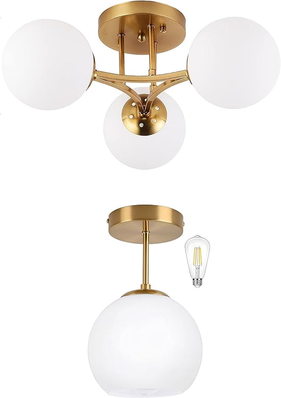 Bagood Gold Semi Flush Mount Ceiling Light Fixture Milk Glass Light Fixture 3 Lights Globe Mid Century Ceiling Light Modern Semi Flush Mount Ceiling Light with Milk Glass Shade for Living Room
