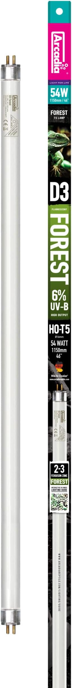 Arcadia Reptile D3 Forest T5 UVB Lamp 6% (54W) - High Output Flicker-Free UVB Tube for Forest Species, Full Spectrum Daylight, 12-Month Lifespan, Reptile Tank Accessories for Gecko, Snake, Turtle