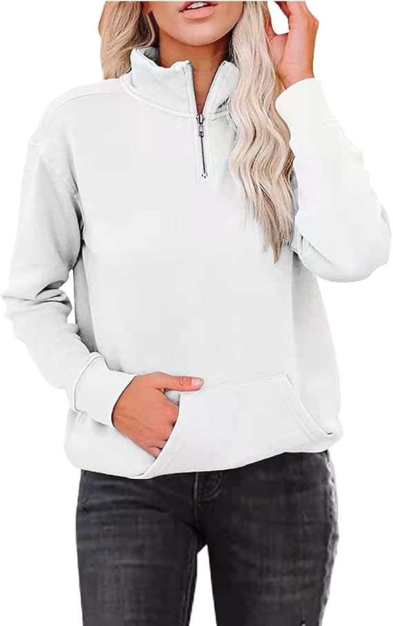Womens Warm Cozy High Neck Long Sleeve Solid 1/4 Zip Pullover Sweatshirts with Pockets 2024 New