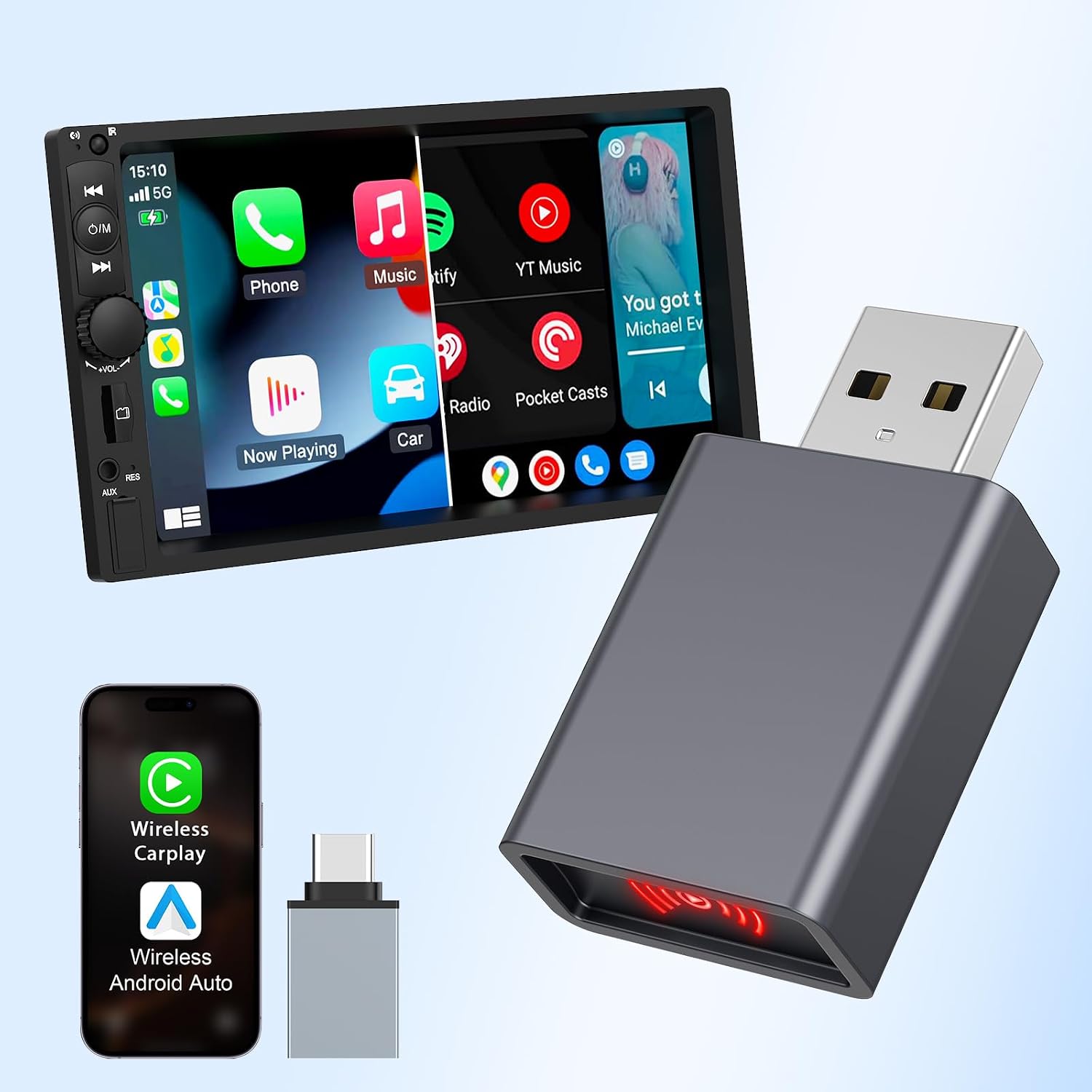 2 in 1 Wireless CarPlay and Android Auto Adapter 2025 for iPhone, Easy to Upgrade Wired CarPlay to Wireless, Mini Car Play Dongle with USB AC for Apple iOS 10& Android 11, For Cars 2016, No Delay