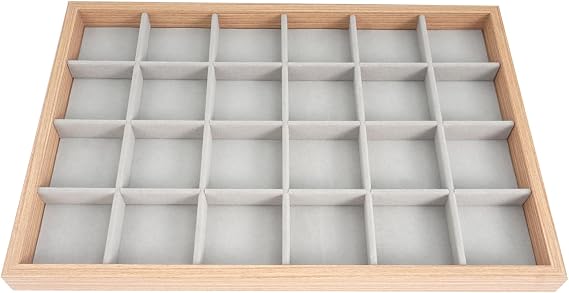 Wooden Jewelry Organizer for Drawer, Stackable Large Jewelry Drawer Insert, Jewelry Storage Display Case Storage Containers Box in Dresser(Grey,24grid)
