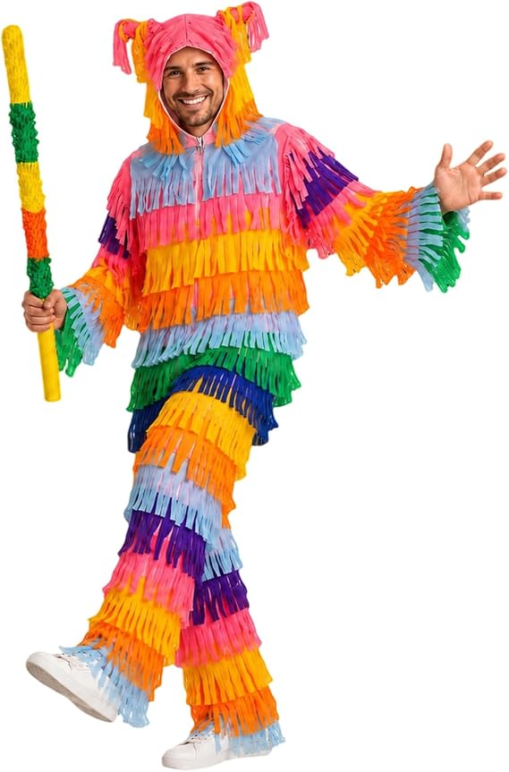 Pinata Costume Men Multicolored Mexican Hooded Pinata Jumpsuit Stick