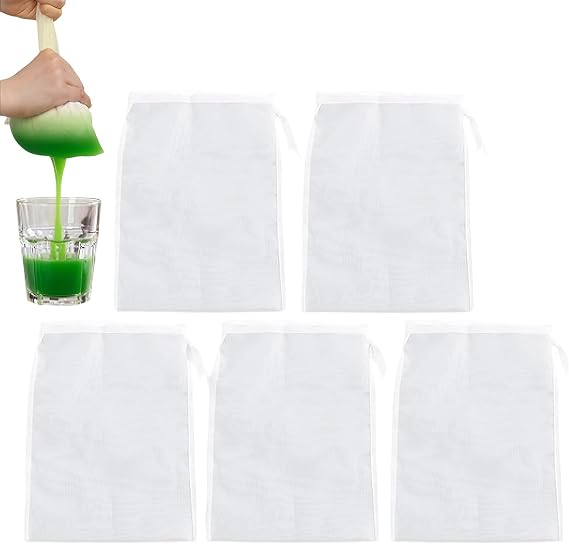 5 Pcs Nut Milk Bag, Cheesecloth for Straining, Straining Cloth, Muslin Strainer Bags for Cooking with Drawcord, Fine Mesh Filter Bags for Nut Milk, Juice, Yogurt & Culinary Use (20 * 30cm)