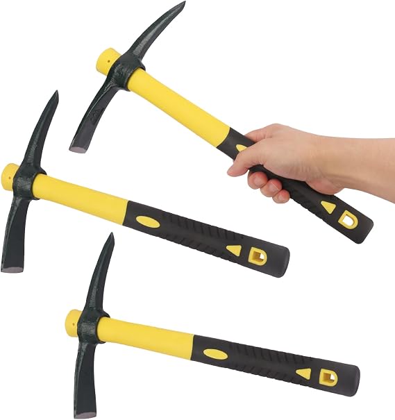 3 Packs 15 Inch Garden Pick Axes with Fiberglass Handle,Hand Pickaxe, Cast Steel of Pick Axes Head for Gardening, Camping, Prospecting, and Outdoor Activities