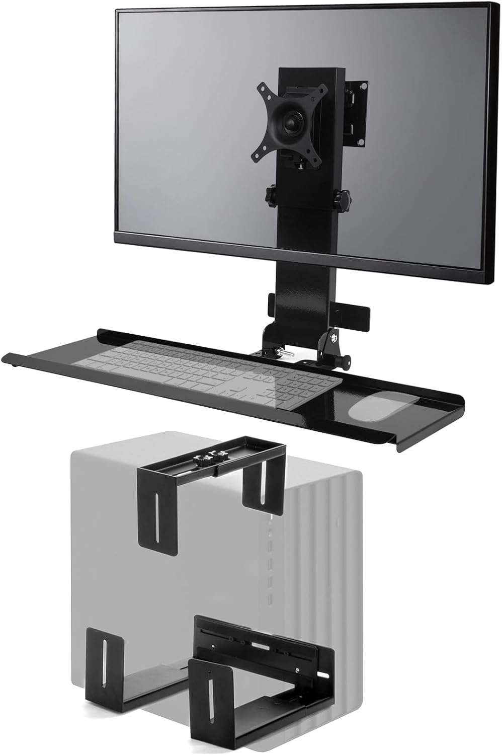 Monitor Wall Mount with Keyboard Tray and PC Wall Mount Set, Monitor and Keyboard Wall Mount Height Adjustable Fits 17"-32" Computer Screens, All in One PC Wall Mount with VESA Standard, 26" Wide Plat