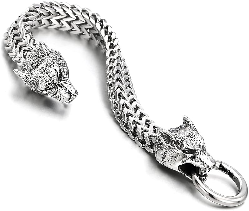 COOLSTEELANDBEYOND Biker Mens Stainless Steel Wolf Head Franco Link Curb Chain Bracelet with Spring Ring Clasp
