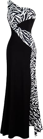 Angel-fashions Women's One Shoulder Zebra Gemstones Splicing Evening Dress
