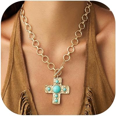 Turquoise Necklace for Women Western Turquoise Cross Necklace Cowboy Silver Layered Western Jewelry Stacked Cow Hat Heart Bows Cross Pendant Necklace Country Concert Outfits for Women