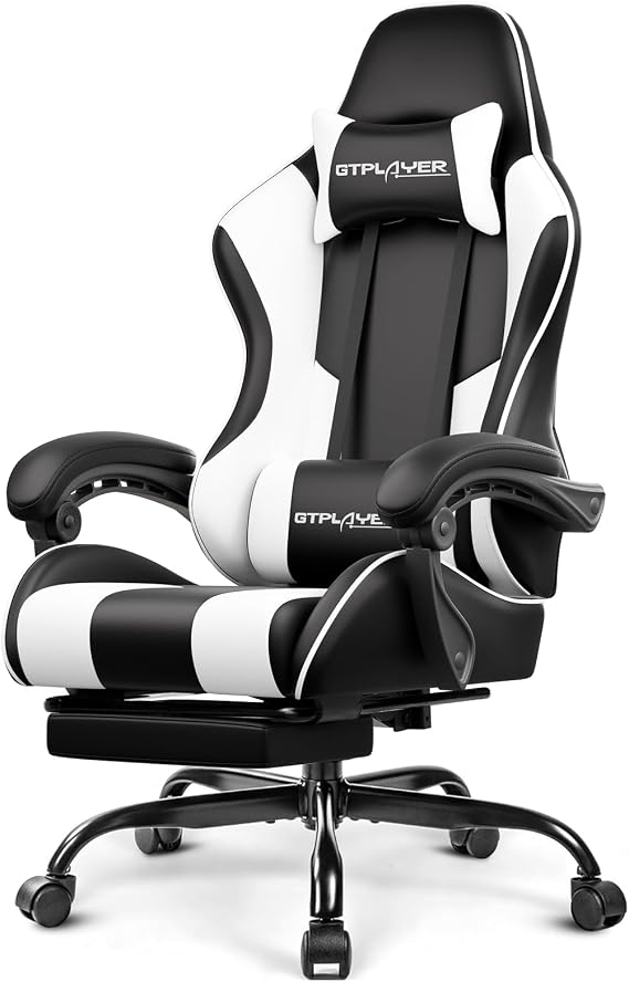 GTPLAYER Gaming Chair, Computer Chair with Footrest and Lumbar Support, Height Adjustable Gaming Chair with 360 Degree Swivel Seat and Headrest for Office and Gaming Pearl White