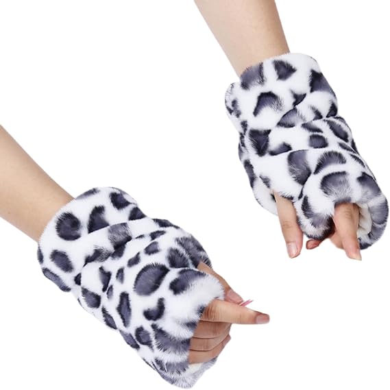 ATHX Women Plush Leopard Print Fingerless Warmers Mittens Half Finger Gloves