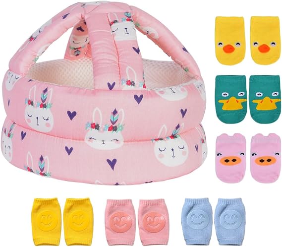 Pink Rabbit Baby Helmet with Knee Pads & Socks, Adjustable (17-20 inches), Full Brim, Cotton, Hook and Loop Closure