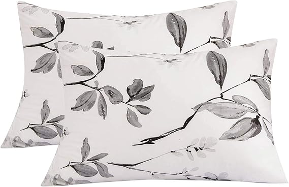 NANKO Queen Pillow Case Set (2 Pack), White Floral Printed Pattern Pillowcases/Pillow Shams for Modern Duvet Cover/Bed Sheets Set- 20x30 inch Standard, Grey Flower Leaf
