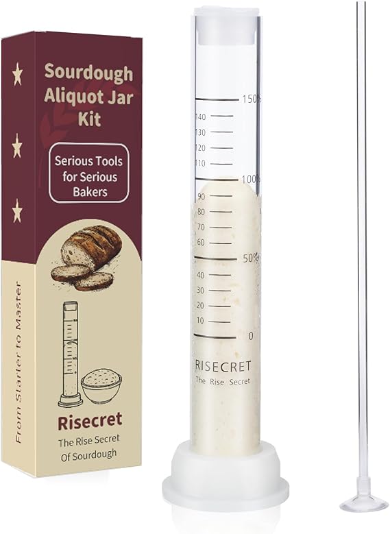 Glass Sourdough Aliquot Jar Set with Pump and Stand, Dough Rise Measuring Tube for Bread Baking, Transparent Container with Silicone Base and Cleaning Brush (Glass, white)