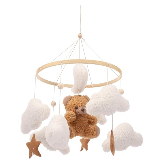 Baby Crib Mobile, Soft Plush and Wood Nursery Mobile Cute Baby Bed Bell Charming Nursery Decor for Infant Newborn Boy Girl(Brown)