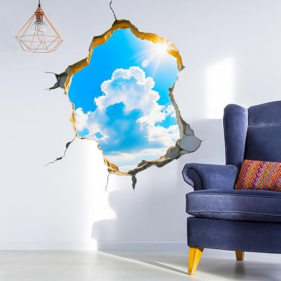 2pcs 3D Broken Wall Sky Sticker Clouds Funny Wall Ceiling Decal for Living Room Office Decor Removable 11.8x35.4inch