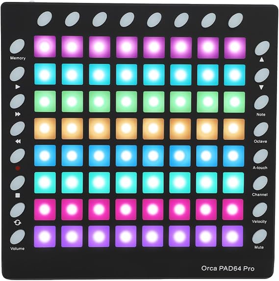 Generic MIDI Controller Strike Pad, 64 RGB Pad 128MB Sound Library 8 RGB Buttons, MIDI Input Output USB 2.0 Connection, Live Performance Music Production DAW Software