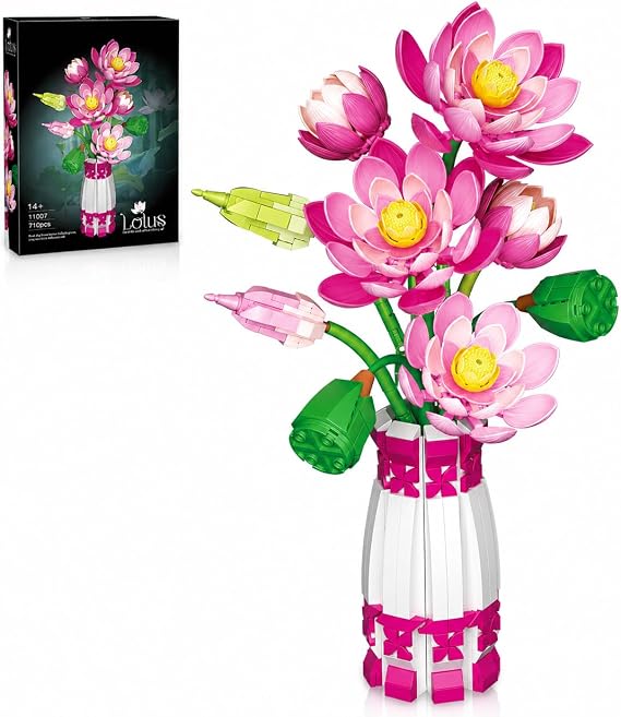 Lotus Flowers Botanical Building Set with Vase, Compatible with Lego Flowers Botanicals Collection, Pink Artifcial Flower Bouquet with Vase for Indoor Outdoor, 710 PCS