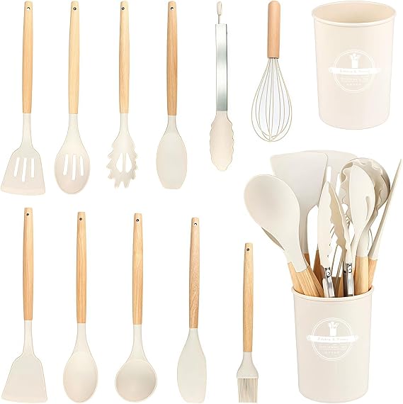 Kitchen Utensils Set, 12 Pcs Silicone Cooking Utensils Set with Wooden Handle, Non Stick Heat Resistant Kitchen Utensil Accessories Set Easy Clean (Off White)