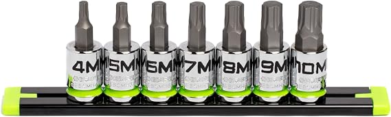 GRIPEDGE HEX Bit Socket Set | 7-PC - 3/8'' Drive Short Metric RPT Hex Driver Set | Sizes 4MM - 10MM | Made With S2 Steel | Includes Premium Aluminum Storage Rail |
