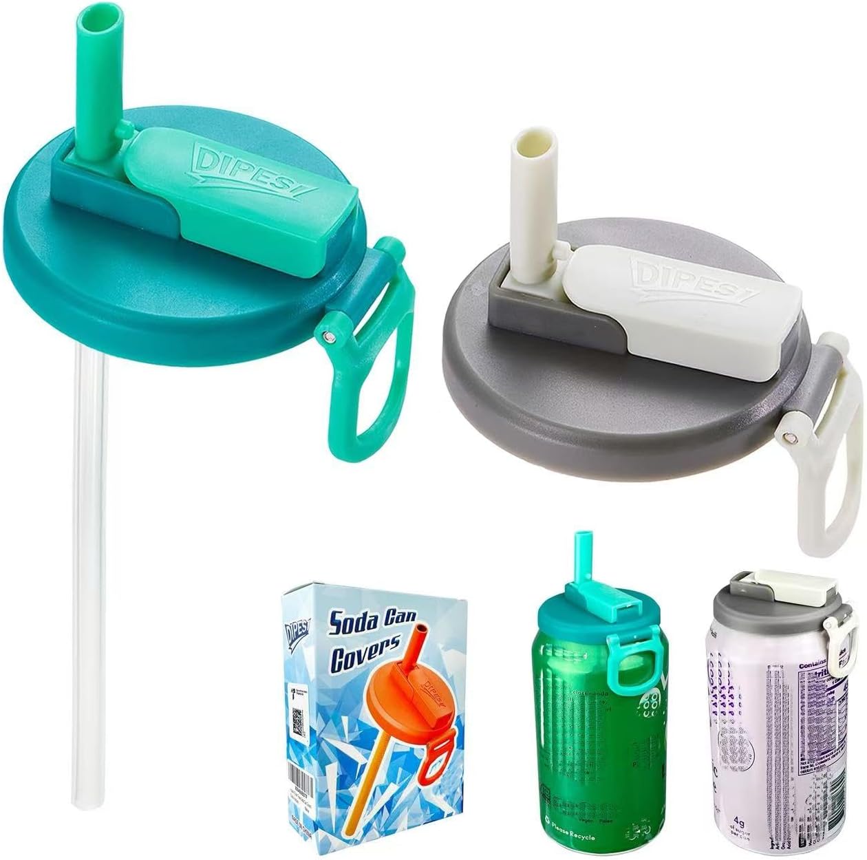 DIPESI 2 pack Soda Can Lids with straw, Soda Can Covers with Silicone straw BPA-Free Reusable For Fits standard For Canned Beverage, Beer, Juice,Seltzer 2_UK_A