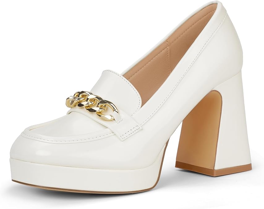 IDIFU IN4 Platform Heels Closed Square Toe Chunky Block High Penny Loafers Pumps with Metal Chain Wedding Prom Graduation Formal Dress Shoes for Women Dressy Slip On Thick Uniform Platform Pumps