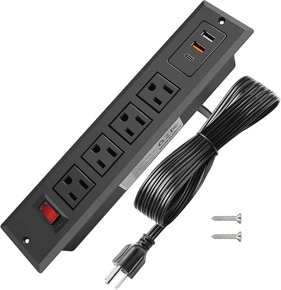 20W Mountable Power Strip USB C Recessed Power Strip USB-C Fast Charge 4 Outlet 3 USB Multiple Protection Built in Conference Desk Counter Workbench for PC Home Electric Appliance