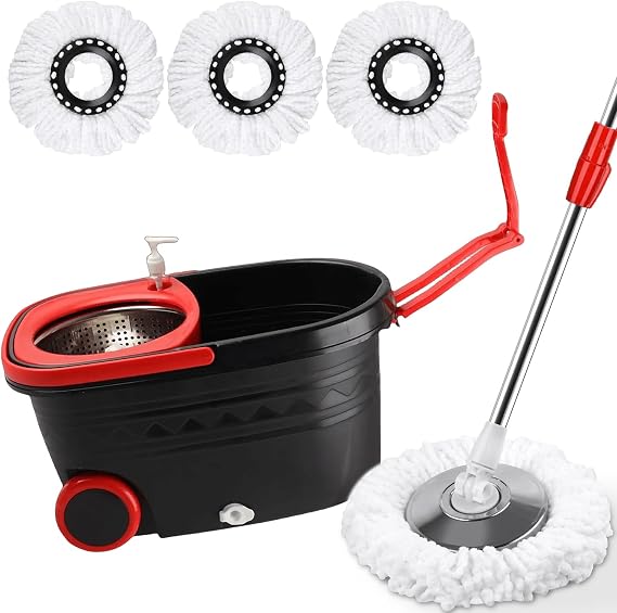 mop and Bucket Set with Wringer - 360 Rotating Mop Bucket Floor Cleaning System on Wheels, 3 Microfiber Mop Refills for Fast Cleaning, Extendable 61"" Stainless Steel Handle, Black&red