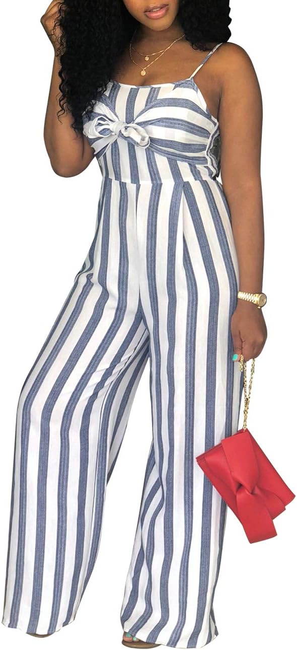 PerZeal Womens Sexy Spaghetti Strap Stripe Jumpsuits Casual Wide Leg Long Pants Rompers Sleeveless Ladies Outfits