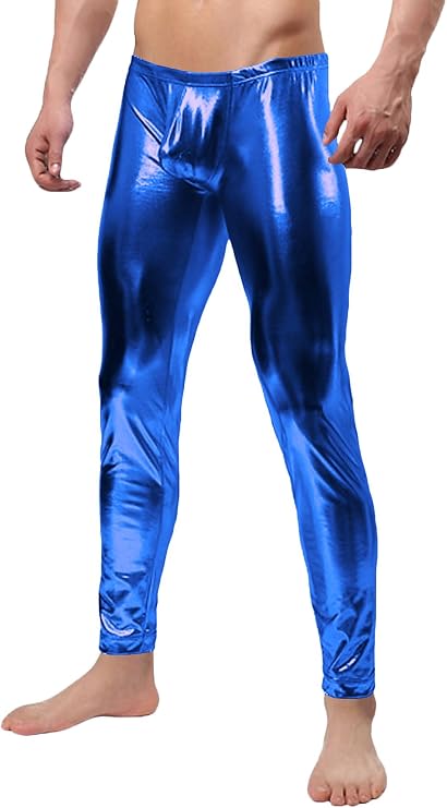 ATHX Men's Shiny Metallic Tight Pants Low Rise Skinny Slim Halloween Party Dance Wet Look Leggings Long Trousers