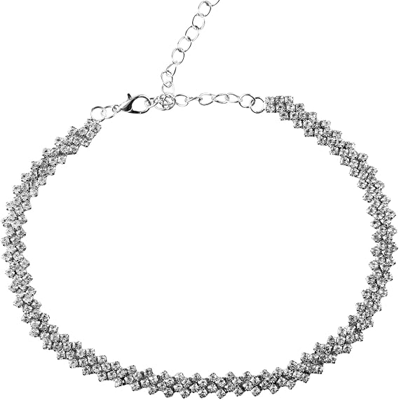Rhinestone Choker Necklace for Women,Fashion Adjustable Silver Crystal Collar Necklace for Party,Wedding,Evening Wear