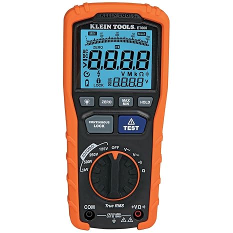 Klein Tools ET600 Multimeter, Megohmmeter Insulation Tester, 4000 Ohms Resistance, 125V/250V/500V/1000V, Auto-Ranging TRMS Multimeter