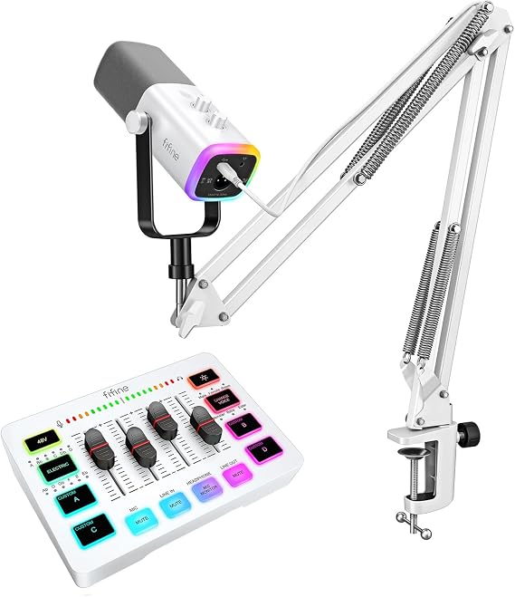 FIFINE XLR/USB Microphone with Gaming Audio Mixer Kit, Dynamic Streaming Mic with Boom Arm, RGB, Tap-to-Mute, Computer PC XLR Mixer Bundle for Podcast/Vocal/Recording/Game Video (AM8T+SC3 White)