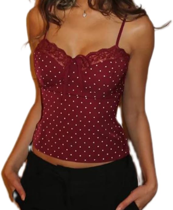 Women's Y2k Sexy Polka Dot/Leopard Print Cami Crop Tops Spaghetti Strap Lace Trim Sleeveless Club Going Out Tank Top