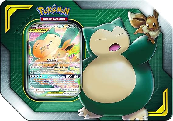 Pokemon Tag Team Tin Snorlax-GX & Eevee- TCG: Sun & Moon Box- 4 Booster Packs | 1 Special Eevee & Snorlax-GX Foil Card | Genuine Cards