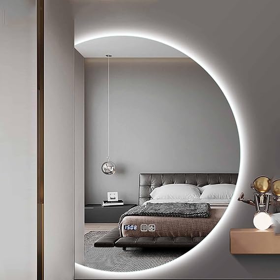 Half Moon LED Mirror,Half Moon Wall Mirror,Anti-Fog Smart Vanity Mirror,Frameless Backlit,3 Colors Lights Dimmable Brightness and Time,Touch Switch,for Bathroom(Right Semicircle, 100 * 70)