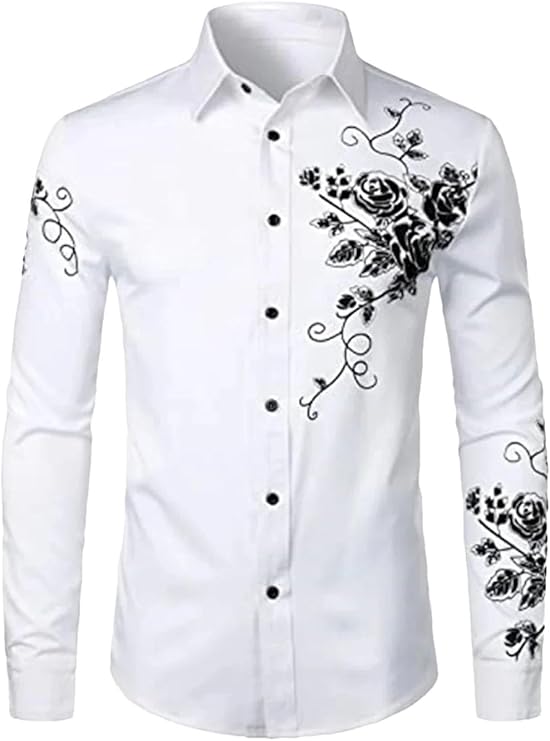 Men's Printing Shirts Men Business Casual Long Sleeve Formal Shirt Lapel Buttons Blouse