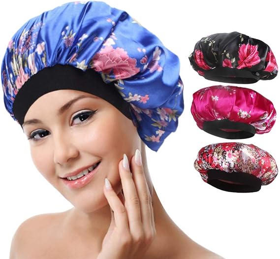 Aniann 4 Paket Yumuşak Saten Uyku Şapkası Geniş Bant Salon Kaputu İpek Gece Uyku Şapkası Saç Dökülme Şapkası, Kadınlar için, 4 Stil