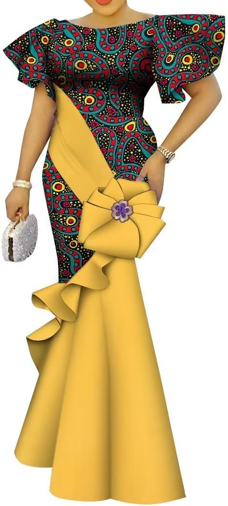 ABCWAX Women African Dresses Women with Flowers Traditional Ankara Kente Print Casual for Evening Party Wedding