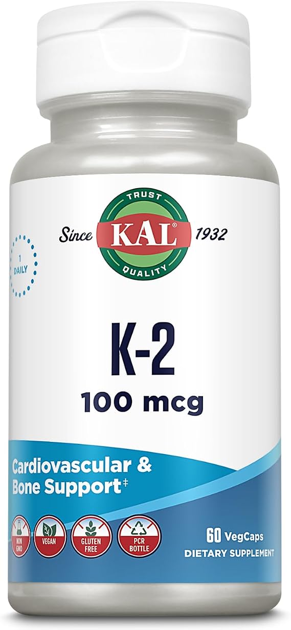 KAL Vitamin K2 MK-7 Capsules 100 mcg, Bone Health Support, 60 Veg Caps | MK7 Vitamin K2 Supplement for Women and Men, Vegan, Non GMO and Gluten Free