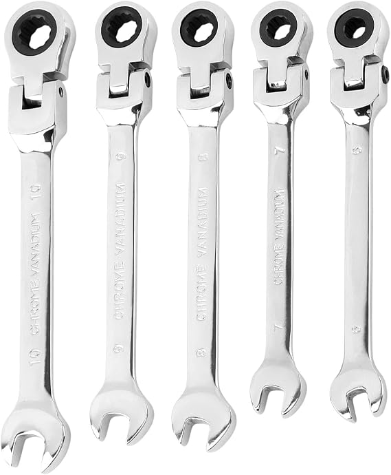 5pcs Flex Head Ratcheting Wrench Set, Metric 6-10mm Spanner Gear Ring Ratcheting Combination Wrenches Kit, 180° Head, 72 Tooth, Box End and Open End Wrench for Tight Spaces(Silver)