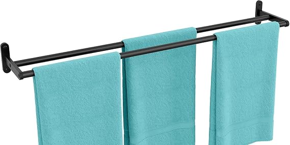 YUMORE Double Towel Rail Wall Mounted 80CM Bathroom Towels Holder, Black | Stainless Steel Dual Rod Hand Towel Holder Wall 30 inch Long Bath Sheet Bar Rack for Bathroom Toilet Kitchen
