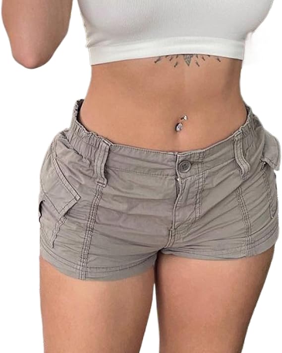 Luckinbaby Y2k Cargo Shorts Low Cut Pocket Joggers Denim Short Pants Bottoms Slim Fitted Retro Grunge Girls Streetwear