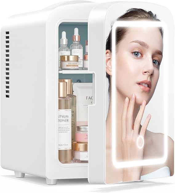 Xbeauty 4L Mini Skincare Fridge With Dimmable LED Mirror | Mini Makeup Fridge for SkinCare, Cosmetics, Food & Drinks, Portable Small Refrigerator for Bedroom, Dorm, Car, Office, White