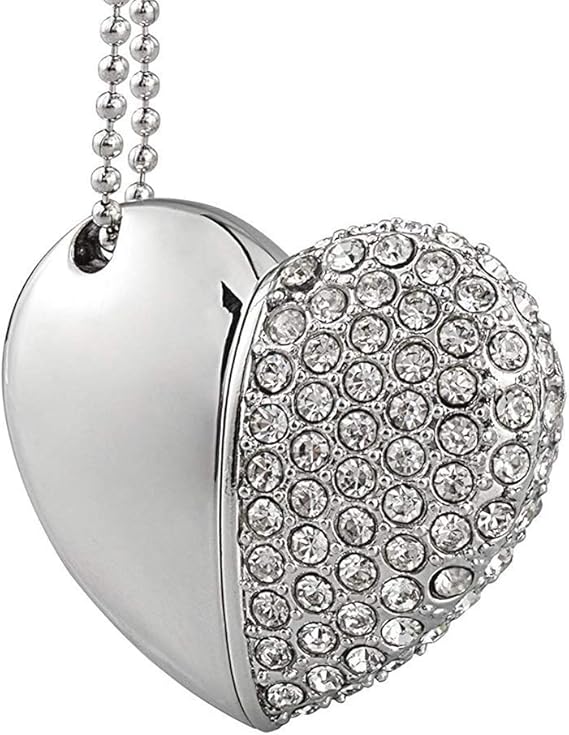 Bling Shiny Diamond Crystal Heart Shape 32GB USB 2.0 Flash Drive Jewelry Pendant Necklace Thumb Drive Memory Stick Pendrive Silver
